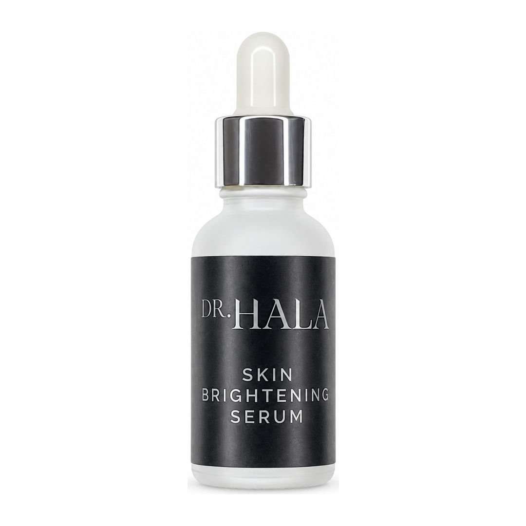 A studio image of a Dr Hala skin brightening serum bottle with black labelling.
