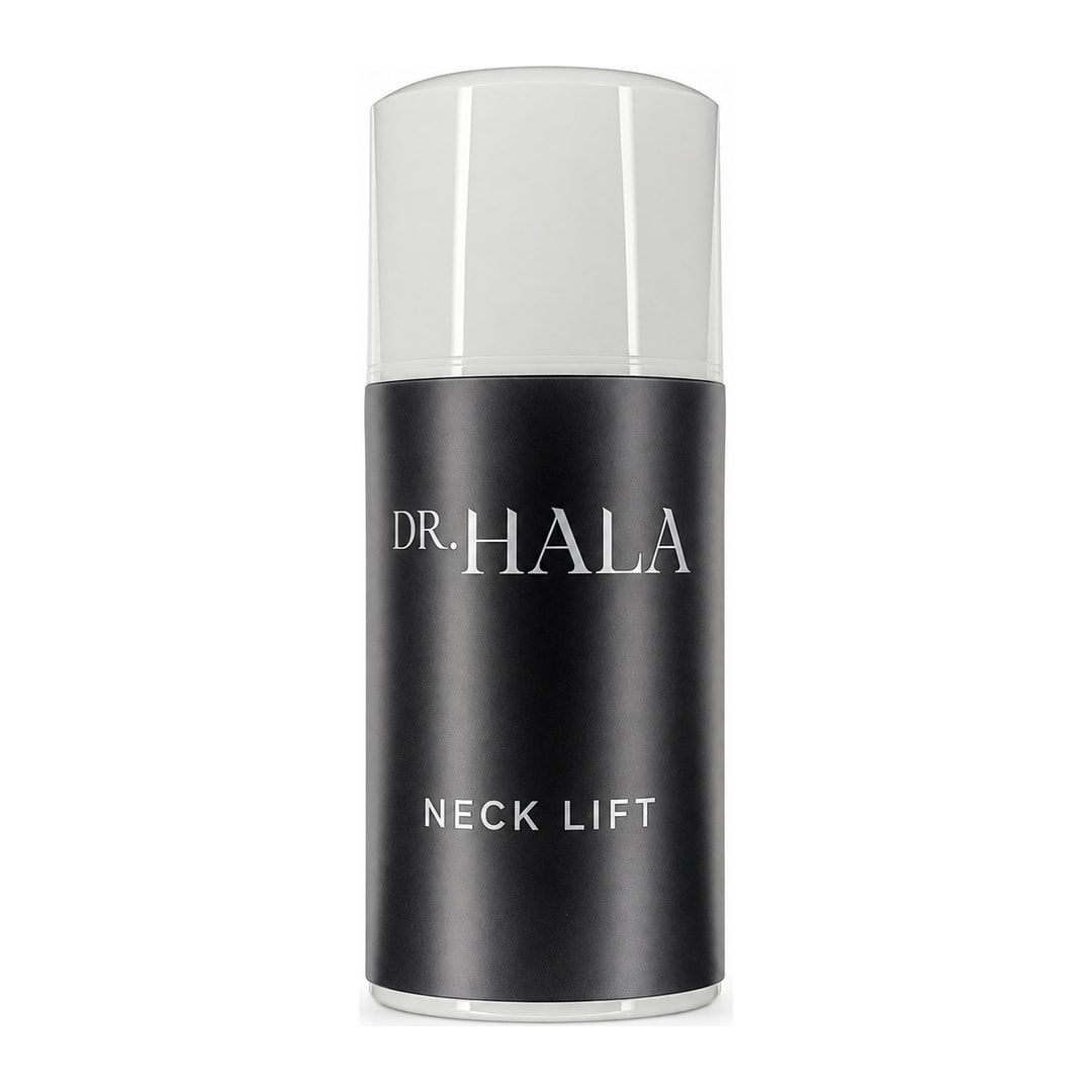 A studio image of a Dr Hala Neck Lift skin product. The packaging is black with a silver lid and font.